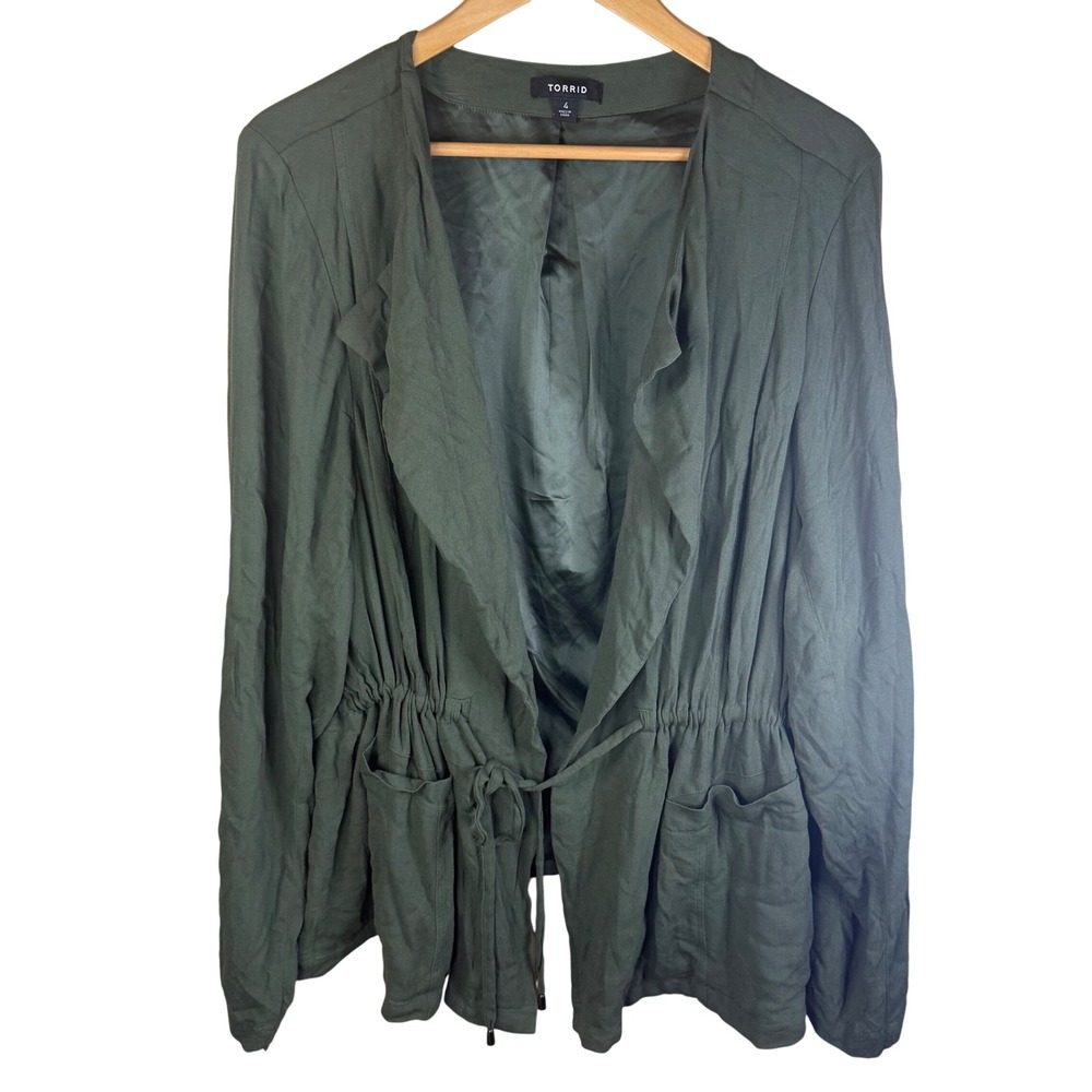 Torrid Army‎ Green Utility Drawstring Waist Waterfall Front Cardigan Jacket 4X